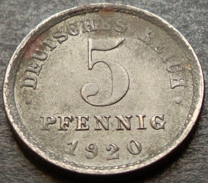 Moneda istorica 5 PFENNIG - IMPERIUL GERMAN, anul 1920 * cod 3091