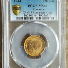 Moneda AUR Ardealul Nostru 20 lei 1944 , certificata de PCGS cu gradata cu MS 64