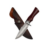 Cutit Vanatoare IdeallStore&reg; Otel Damasc, Lama Fixa 11.5cm, Husa Piele, Maro