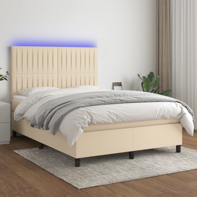 vidaXL Pat cu arcuri, saltea și LED, crem, 140x190 cm, textil 3135034 foto