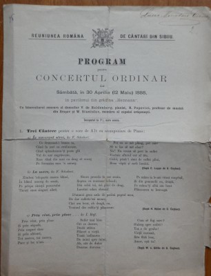 Reuniunea Romana de Cantari din Sibiu; Program pentru concertul ordinar, semnat de soprana Lucia Cosma, 1888 foto