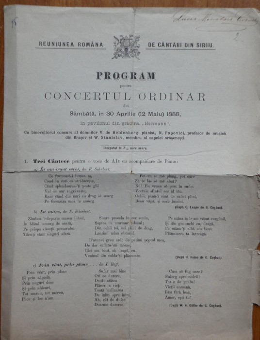 Reuniunea Romana de Cantari din Sibiu; Program pentru concertul ordinar, semnat de soprana Lucia Cosma, 1888