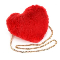Geanta de umar, din blana artificiala moale, cu lant auriu, forma inima, rosie foto