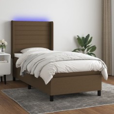 vidaXL Pat cu arcuri, saltea și LED, maro &icirc;nchis, 90x190 cm, textil