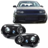 Faruri VW Golf 4 Look R32 Negre cu Lupa DEPO, Sticla, Reglaj Electric, Omologare E-Mark
