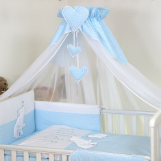 Set lenjerie din bumbac cu protectie laterala pentru pat bebelusi Bear Heart Blue 120x60 cm