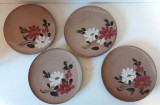 Set 4 farfurii ceramice semnate Vallauris, pictate manual cu flori, 17.5cm