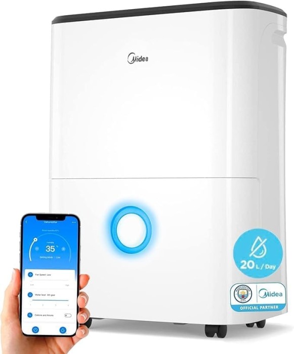 Dezumidificator Smart Midea, 20 l/24h, Silentios 41 dB, Rezervor 3l, 120 m&sup3;/h, Previne Formarea Mucegaiului, Control digital, Indicator luminos umidit