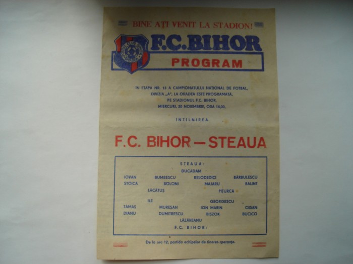 Program F.C. Bihor - Steaua Bucuresti, 1985