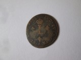 Moneda Rara 2 Sols/Sou Marque Colonial 1739 N, Regele Ludovic al XV-lea, Diametru 22mm