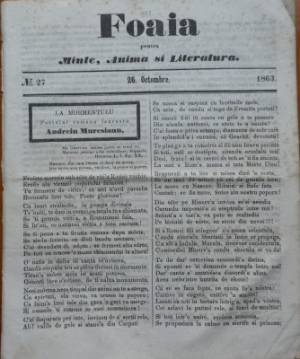 Ziarul Foaia pentru minte , inima si literatura , nr. 27 , Brasov , 1863 foto