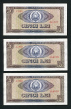 q095 TREI BANCNOTE CONSECUTIVE 5 LEI 1966 NECIRCULATE UNC