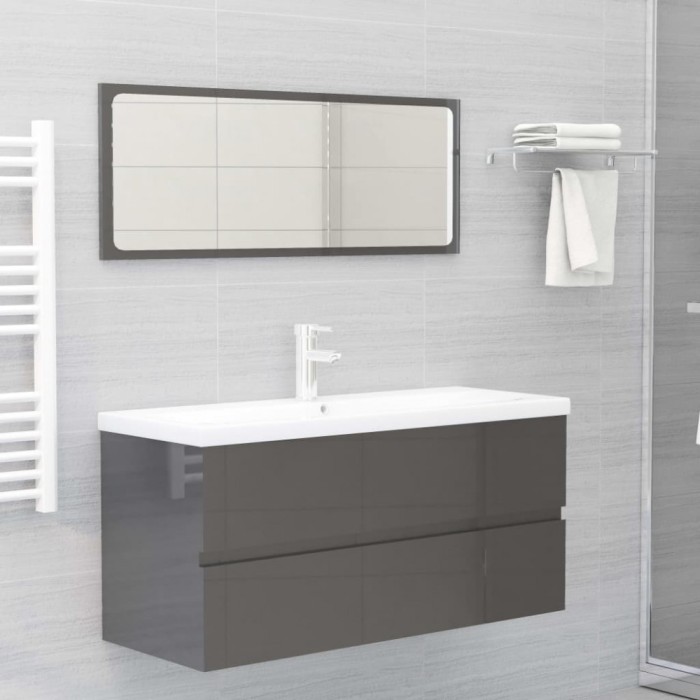 Set mobilier de baie, gri extralucios, lemn prelucrat