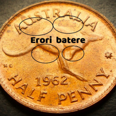 Moneda cu ERORI MAJORE de BATERE HALF PENNY - AUSTRALIA, anul 1962 *cod 5271