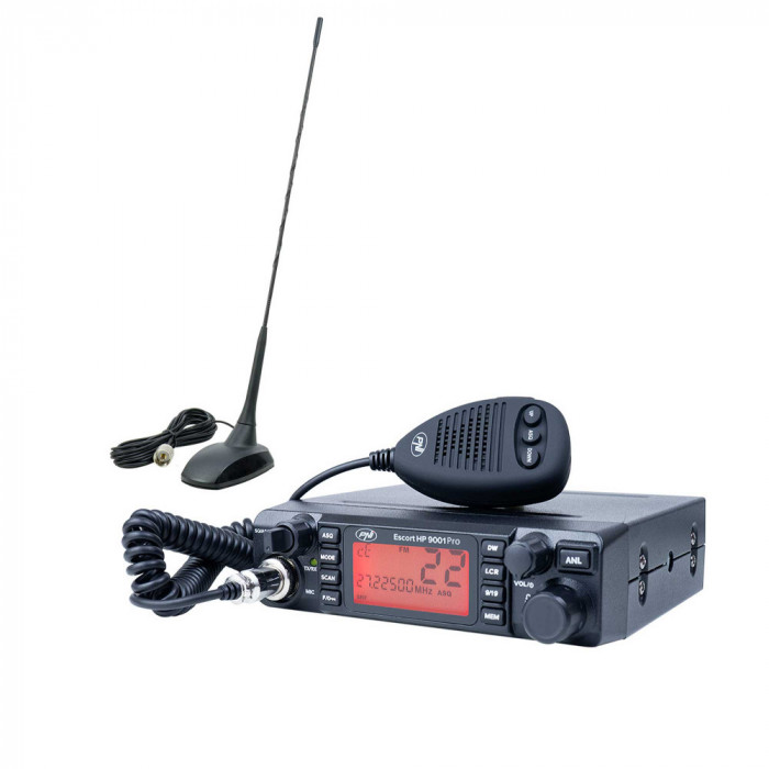 Pachet statie radio CB PNI ESCORT HP 9001 PRO ASQ reglabil, AM-FM, 12V, 4W + Antena CB PNI Extra 48 cu magnet inclus, 45 cm, 150W, SWR 1.0