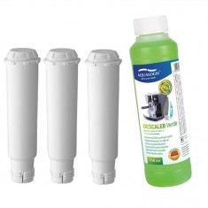Kit intretinere pentru espressor, Aqualogis, 3 x Filtru apa AL-TES46, Solutie decalcifiere Verde 250 ml, Compatibilitate multipla