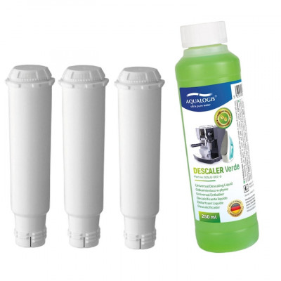 Kit intretinere pentru espressor, Aqualogis, 3 x Filtru apa AL-TES46, Solutie decalcifiere Verde 250 ml, Compatibilitate multipla foto