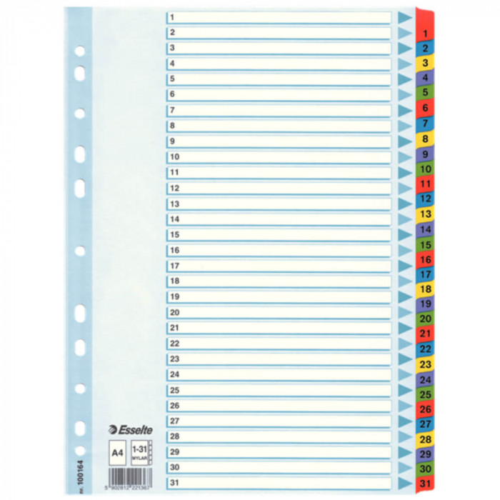 Separatoare Index din Carton Esselte Mylar, A4, Tip Index 1-31, Taste Laminate, Multicolor, Separator Index, Separatoare Carton Index, Separatoare Ess