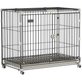 PawHut Cușcă pliabilă pentru c&acirc;ini, Tavă detașabilă, Roți cu fr&acirc;ne, Acoperiș rabatabil, Ușă de hrănire, 75,5x46x64,5cm, Negru | Aosom Romania
