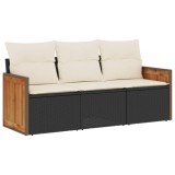 Set mobilier de gradina cu perne, 3 piese, negru, poliratan