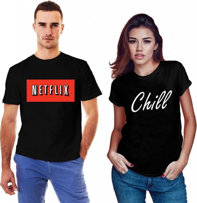 Set doua tricouri negre pentru cupluri - Netflix &amp; Chill - M