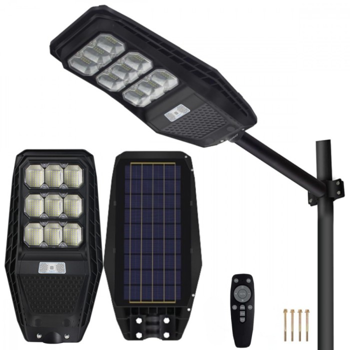 Lampa Solara Stradala 100W, VisionHub&reg;, Proiector cu 360 LED-uri in 9 Casete, Incarcare cu Panou Solar incorporat, Telecomanda, cu Senzor de Miscare,