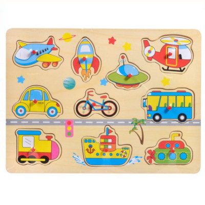 Puzzle educativ din lemn Vehicule Transport cu butoni, 10 piese, 30x22 cm, 1 an + foto