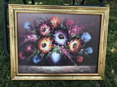 Tablou,pictura germana in ulei pe panza,vaza cu flori,tehnica spaclu foto