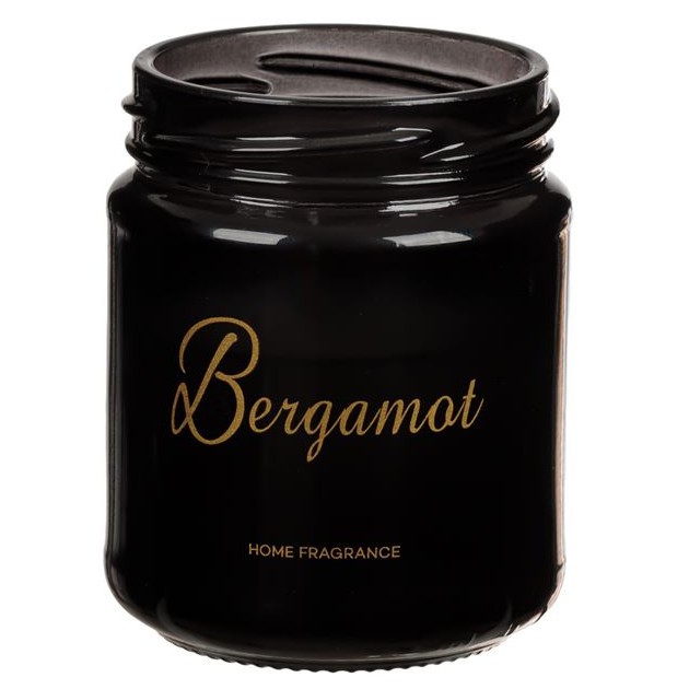Lumanare decorativa in borcan imprimat, cu parfum de bergamota, Herum&reg;, Negru, 7 x 9 cm