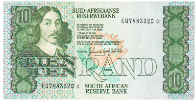 Africa de Sud 10 Rand 1982-85 P-120c Seria 07883320 Rara foto