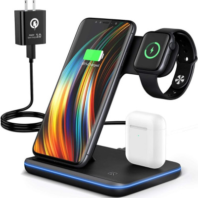 Incarcator wireless, tip Statie incarcare 3 in 1, Qi Fast charger 15W, Negru foto