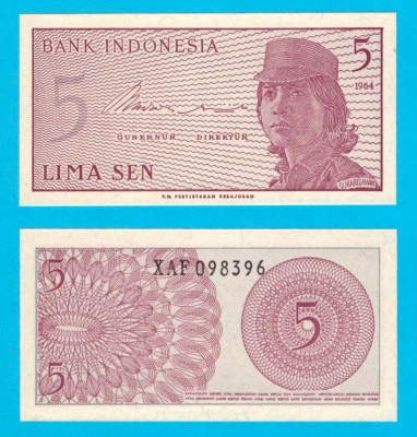 Indonezia (p#91) 5 Sen 1964 UNC &amp;#039;Femeie soldat&amp;#039; serie: XAF098396; Replacement foto