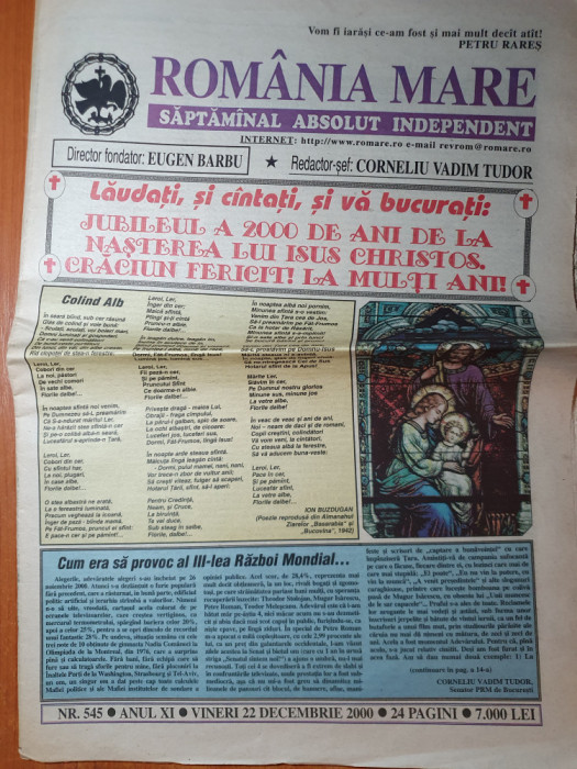 ziarul romania mare 22 decembrie 2000-numar cu ocazia zilei de craciun