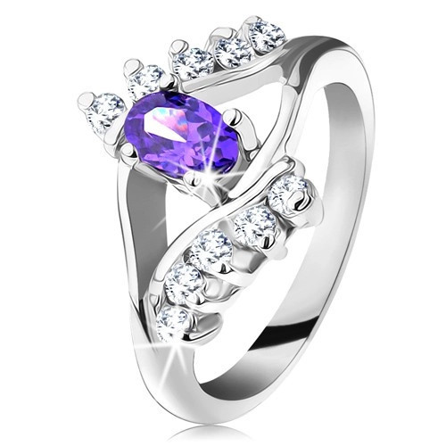Inel de culoare argintie, zircon oval violet, linii de zirconii transparente - Marime inel: 54
