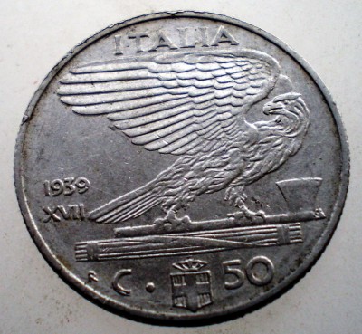 2.313 ITALIA WWII VITTORIO EMANUELE III 50 CENTESIMI 1939 R XVII NEMAGNETICA foto
