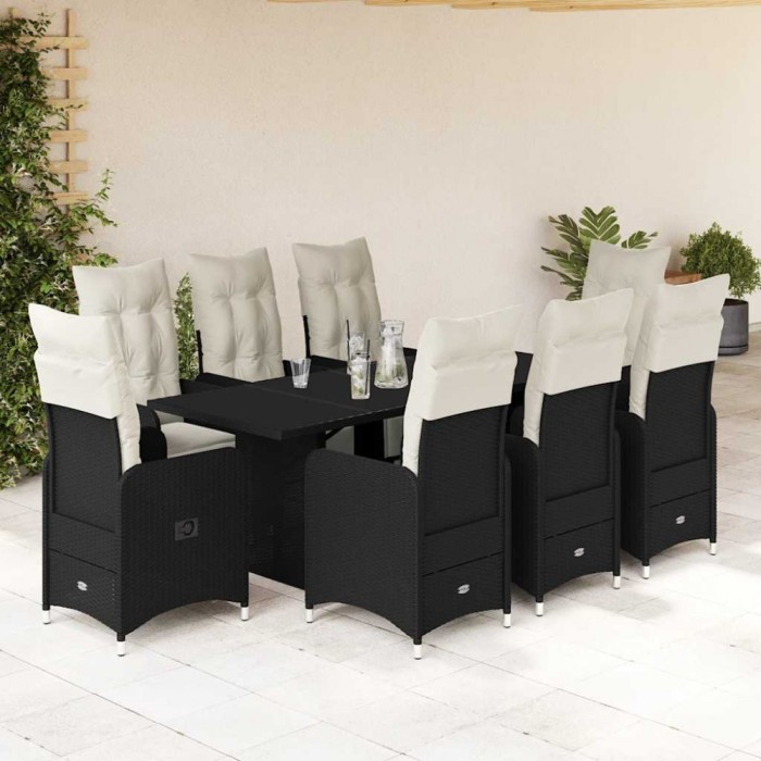Gossi set bistro de gradina, 9 piese, cu perne, negru, poliratan