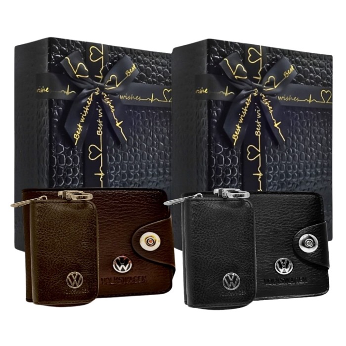 Set portofel sigla Volkswagen, husa chei, cutie cadou, negru/maro