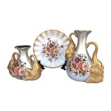 Set 2 vaze decorative si farfurie din ceramica, Flori si Elefanti, Alb, 445H-1