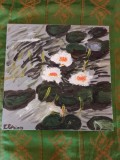 TABLOU PE PANZA CU SASIU NOU 50X50 CM NUFERI PE LAC ACRILIC PRET 100 LEI NEGOCIABIL