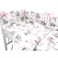 Lenjerie patut 3 piese Qmini cu protectie laterala din bumbac 140x70 cm Elephants on Rainbow Pink