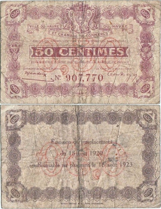 1920, 50 centimes (Pirot: 68/26) - Franța (Havre)!