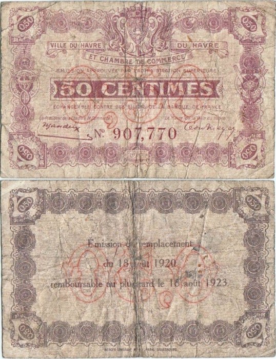 1920, 50 centimes (Pirot: 68/26) - Franța (Havre)!