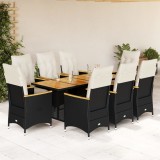 Set bistro de grădină, 9 piese, cu perne, negru, poliratan