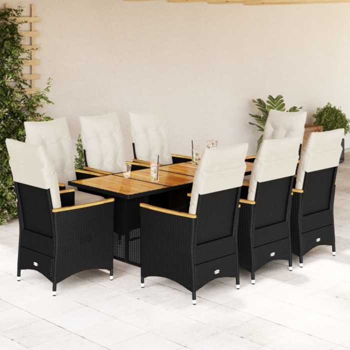Gossi set bistro de gradina, 9 piese, cu perne, negru, poliratan