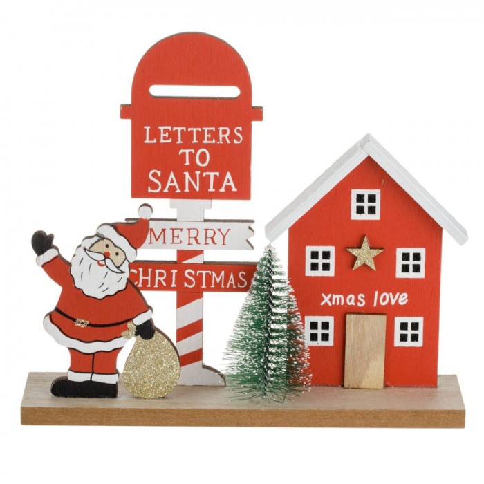 Decorațiune de Crăciun Lemn, Model Casa și Moș Crăciun, Multicolor, 20x17.5cm