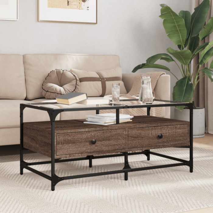 vidaXL Măsuță cafea cu blat din sticlă stejar maro 98,5x50x45 cm oțel