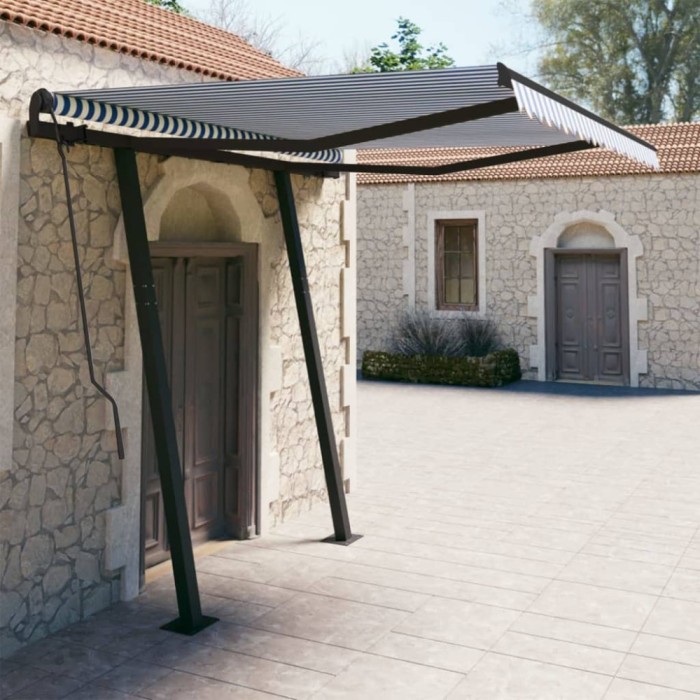 vidaXL Copertină retractabilă automat cu st&acirc;lpi, albastru&amp;alb, 3x2,5 m