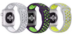 Set 2+1 Gratis, Curele Apple Watch iUni 42 mm Silicon Argintiu-Galben, Purple-Green, Argintiu-Alb foto