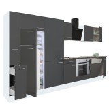 Mobilă de bucătărie Yorki 370, corp alb, față antracit satinat, element cuptor inferior, dulap cu rafturi și frigider cu congelator superior