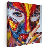 Tablou portret femeie pictata pe fata, multicolor 1298 Tablou canvas pe panza CU RAMA 80x80 cm